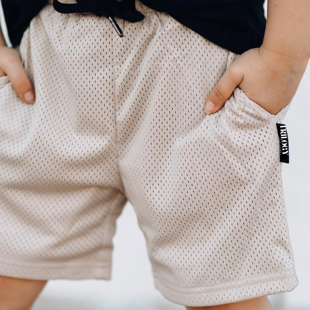 BEIGE MESH GYM SHORTS